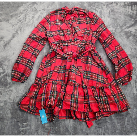 CUPSHE Women's Plaid Fall Dress Long Sleeve Tie Belt Large - Picture 3 of 10